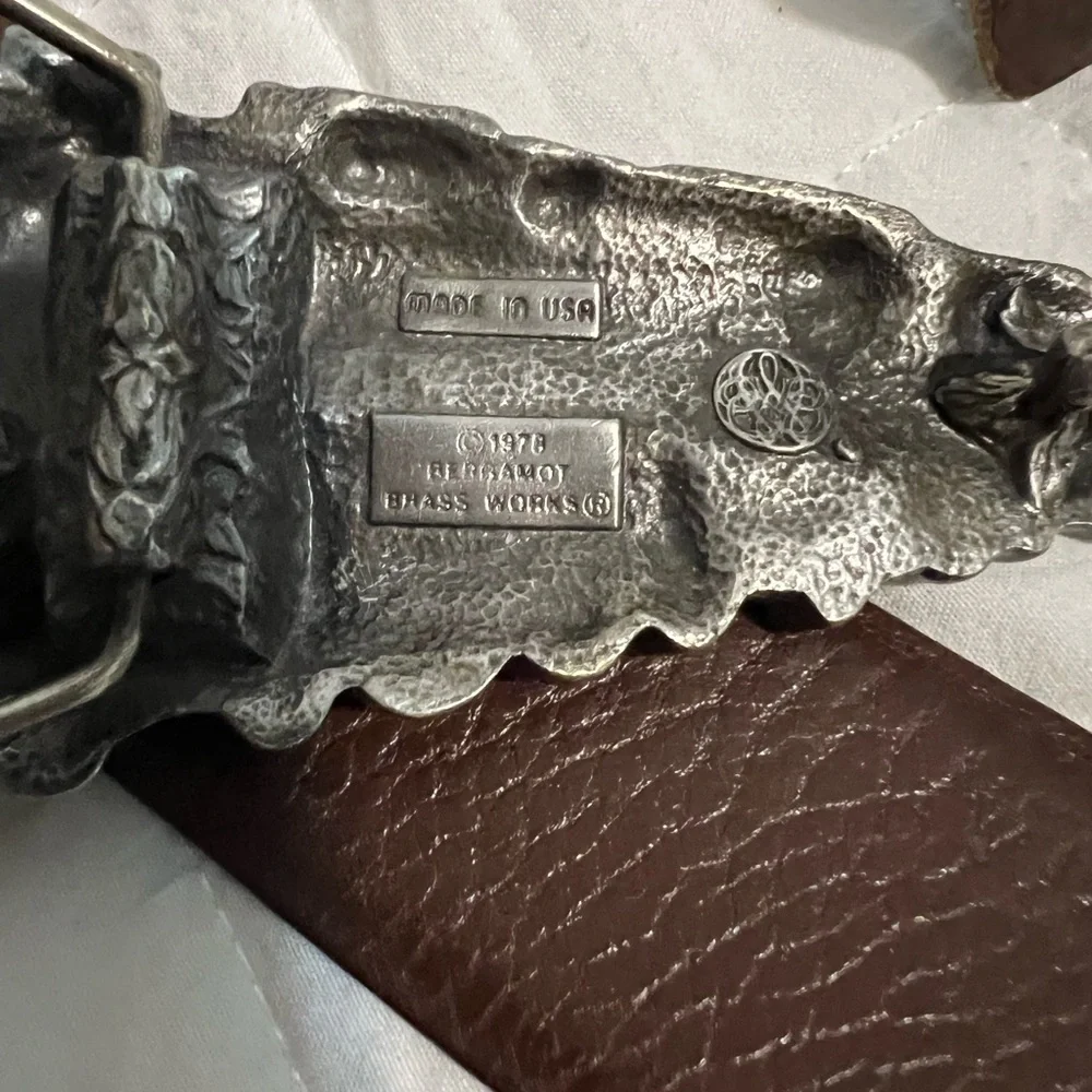 Bergamot Brass Works Pewter Locomotive Belt Buckle from 1978 and Belt